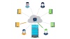 Animated illustration of four roaming users and four office buildings sending network traffic to the main data center
